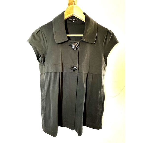 Theory‎ Black 2 Big Buttons Swing Short Sleeve Top 100% cotton Womans Small - Picture 1 of 16